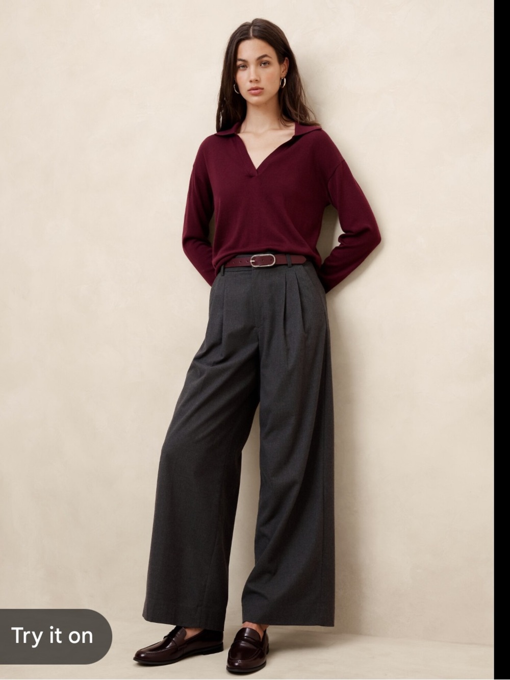 Merino Wool Johnny-Collar Sweater
Color: Bright Wine